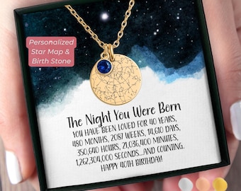 40th Birthday Gift Custom Star Map Birthstone Necklace, Personalized 40th Birthday Gift for Daughter, Gift for Niece Turning 40 Birth Stone