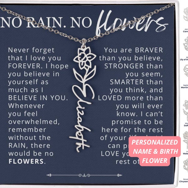 No Rain No Flowers Necklace, Personalized Birth Flower Name Necklace, Encouragement Gift for Daughter, Meaningful Gift for Her