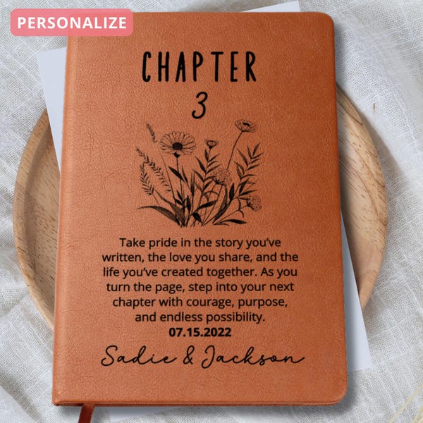 Personalized 3 Year Anniversary Journal, Custom Vegan Leather Memory Book, Couples Gift, Custom Names, Special Date, Anniversary Keepsake