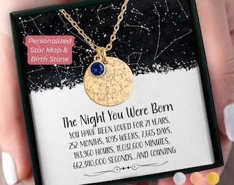 21st Birthday Gift for Her Custom Star Map By Date Birthstone Necklace, 21 Birthday Gift For Her, Personalized Gift 21St Birthday Gift Box
