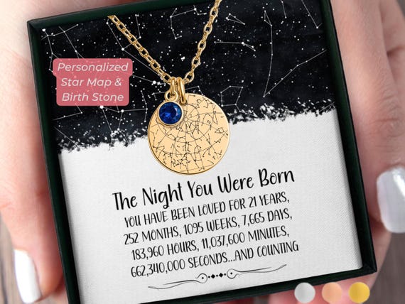 21st Birthday Gift for Her Custom Star Map By Date Birthstone Necklace, 21 Birthday Gift For Her, Personalized Gift 21St Birthday Gift Box