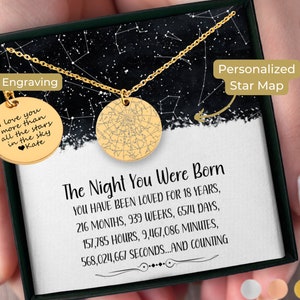 Cadeau 18e anniversaire pour elle, carte des étoiles personnalisée par date, collier 18e anniversaire, cadeau nièce fille, tante, cadeau pour fille
