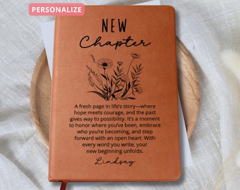 Personalized New Chapter Journal | Custom Name Vegan Leather Notebook | Retirement Divorce Sobriety Recovery New Beginnings Gift Xmas Gifts
