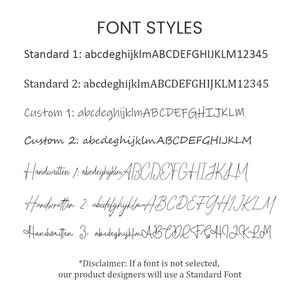 May include: Image showcasing various font styles labeled "FONT STYLES." Includes examples of Standard, Custom, and Handwritten fonts, each displaying lowercase and uppercase alphabets, and numbers. A disclaimer states a Standard Font will be used if none is selected.