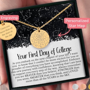 May include: A gold-colored necklace with two circular pendants. One pendant features a star map design, and the other has the engraved text: "I love you more than all the stars in the sky." The necklace is presented in a black gift box with the text "Your First Day of College".