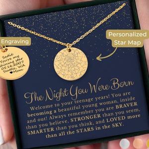 Sterrenkaart Gepersonaliseerde verjaardag, 13e verjaardag cadeaus meisje, 13e verjaardagscadeau, officiële tiener, dertiende verjaardag ketting sterrenbeeld