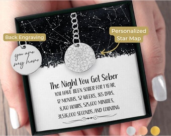 One Year Sober Birthday Custom Star Map By Date Keychain, Custom Sober Coin 1 Year Sober Gift, Congratulations On Your Sobriety Soberversary