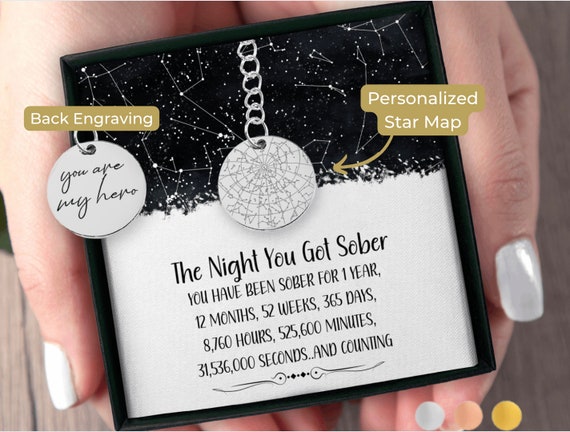 One Year Sober Birthday Custom Star Map By Date Keychain, Custom Sober Coin 1 Year Sober Gift, Congratulations On Your Sobriety Soberversary