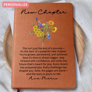 Personalized New Chapter Journal, Custom Name Notebook A5 Vegan Leather Journal, Retirement Gift New Beginnings Coworker Gift for Mom Friend