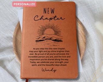 Personalized New Chapter Journal | Custom Name Vegan Leather Notebook, Inspirational Gift for Graduation, Birthday, or Retirement