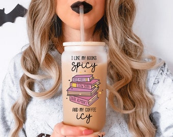 I Like My Books Spicy and My Coffee Icy | Booktok Merch | Smut Gift for Reader | Glass Tumbler with Bamboo Lid and Straw | Bookish Mug