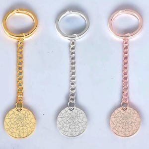 Pu&ograve; includere: Tre portachiavi con ciondoli rotondi con un design a mappa stellare. Uno &egrave; dorato, uno argentato e il terzo &egrave; oro rosa. Ogni portachiavi ha una catena che collega il ciondolo a un anello.