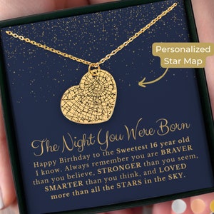 Cadeau Sweet 16, carte des étoiles personnalisée par date, collier coeur, cadeau 16e anniversaire collier fille, cadeaux Sweet Sixteen, cadeau d'anniversaire personnalisé
