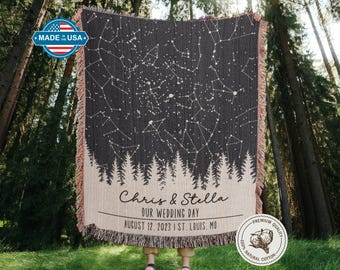 Può includere: Una coperta tessuta grigio scuro con un motivo a costellazione di stelle e linee bianche. La parte inferiore della coperta presenta una silhouette di foresta e il testo "Chris & Stella, OUR WEDDING DAY, AUGUST 12, 2023 I ST. LOUIS, MO". La coperta ha bordi sfrangiati.