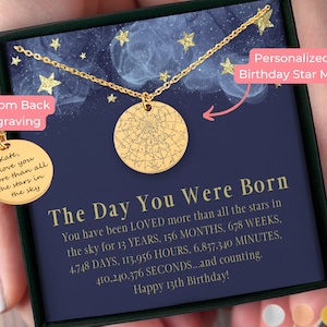 Carte des étoiles personnalisée le 13e anniversaire de votre naissance par date, treizième anniversaire, 13e anniversaire cadeau fille, 13e anniversaire collier doré