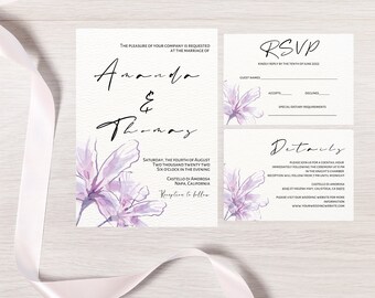 Set di modelli di invito di nozze minimalista, modello Canva floreale, elegante, completamente modificabile, include invito, dettagli, RSVP, DOWNLOAD IMMEDIATO