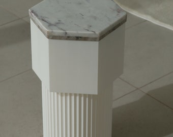 Mid Century  3D Printed Pedestal Table with Natural Marble Top - Modern Statement Piece Unique Ribbed Funky Aestethic Room Decor