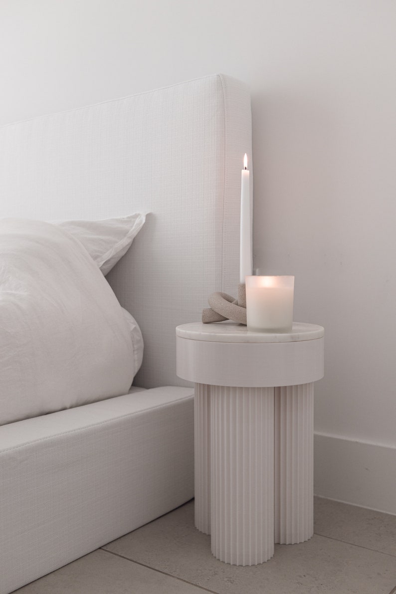 Greek Pillar Inspired Nordic Minimalist Aesthetic Nightstand Bedside Table Natural Marble Top 3D Printed Bedroom Decor image 2