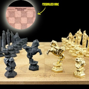Metal Wizard Chess Set With Chessboard Wizard Chess Set | Add Name Plate Select | GOLD - BLACK - 14 X 14 Inch Board