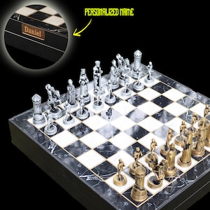Handmade Metal Chess Set with Marble Pattern Personalized Chessboard- Elegant VIP Chess Set| Engraved Name Plate - 14 X 14 Inch Board