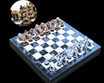 Juego de ajedrez de metal indio con tablero de ajedrez personalizado con patrón de mármol, juego de ajedrez de lujo/placa con nombre grabado, tablero de 14 x 14 pulgadas, dorado y plateado