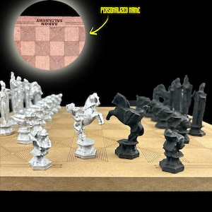 Elegant Metal Wizard Chess Set with Engraved Name Plate | Exquisite Wizard Chess Set and Chessboard | BLACK - SILVER - 14 X 14 Inch Board