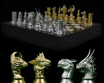 Fantasy Dragon Personalized Chess Set with Chessboard and Portable Chest | Customizable Chess Set - 14 X 14 Inch Special Chessboard