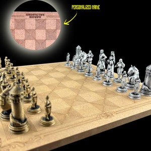 Metal Age Of Empire Medieval Chess Set with Personalized Chessboard | Laser Engraving Name Tag - 14 X 14 Inch Board