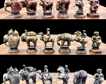 Heavy Metal Indian Chess Set With Chessboard Special Design İndian Elephant Chess Set | Custom Color Selection