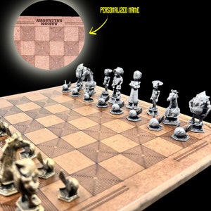Metal Zeldass Chess Set with Personalized Chessboard | Laser Engraving Name Tag - 14 X 14 Inch Board
