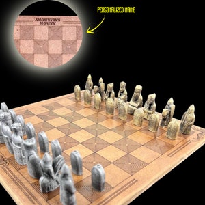 Heavy Metal Wizard Chess Set with Personalized Chessboard | Laser Engraving Name Tag - 14 X 14 Inch Board