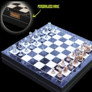 Metal Gift Chess Set with Marble Pattern Personalized Chessboard- Collectible Chess Set| Engraved Name Plate - 14 X 14 Inch Board