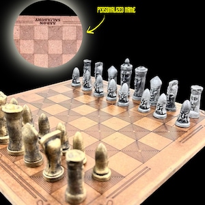 Metal Gothic Medieval Themed Chess Set With Personalized Chessboard| Laser Engraving Name Tag - 14 X 14 Inch Board