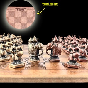 Metal Indian Chess Set: Bronze & Gold, Engraved Name Plate (14x14 Inch)