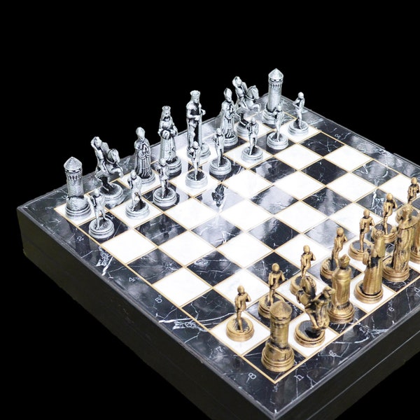 Handmade Metal Chess Set with Marble Pattern Personalized Chessboard- Elegant VIP Chess Set| Engraved Name Plate