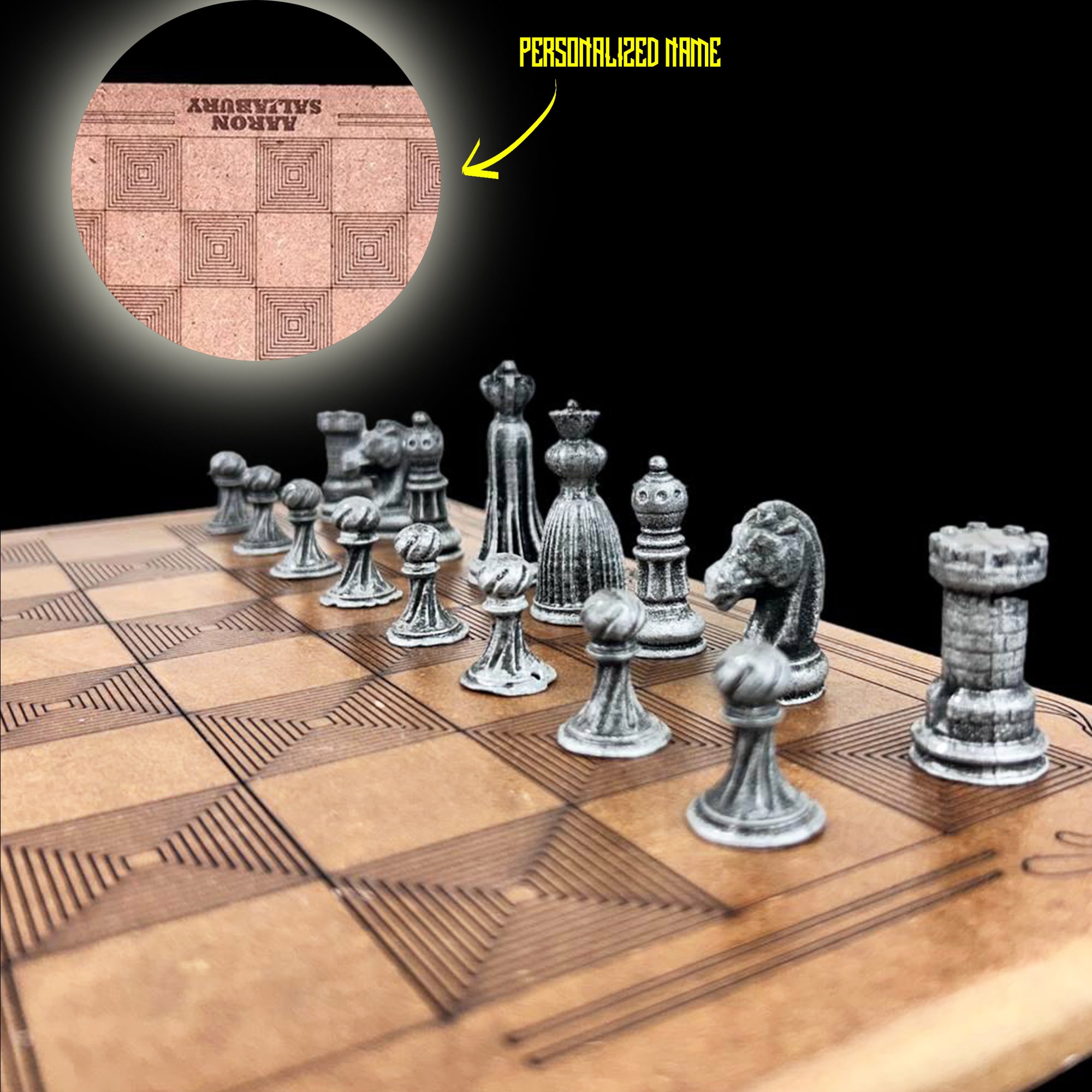 Personalized Metal Chess Set: Engraved Wooden Board (14 Inch)