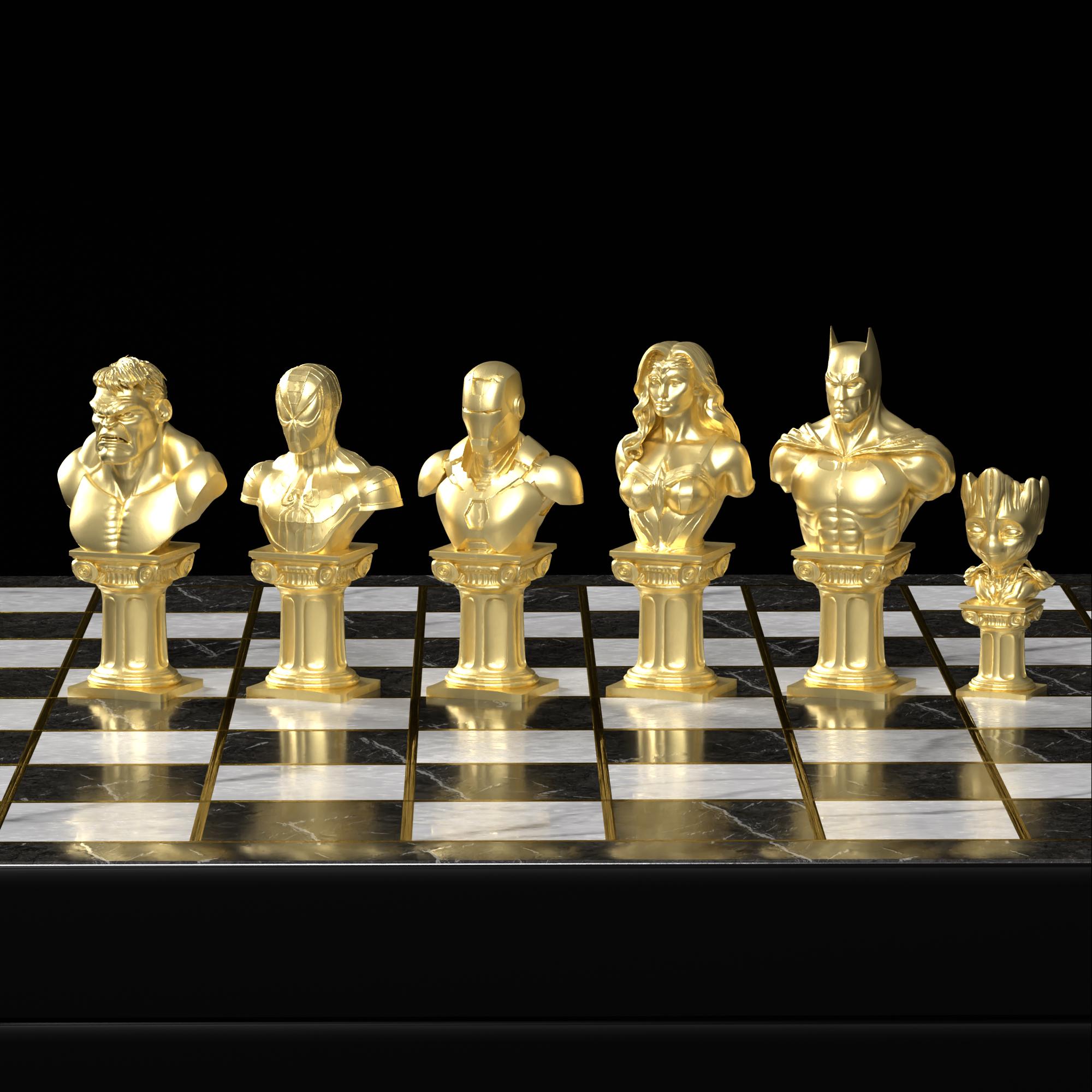 Superhero Chess Set: Bat_man, Hulk, Groot - Personalized Marble