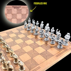 Heavy Metal Scorp Mortal Chess Set With Personalized Chessboard| Laser Engraving Name Tag - 14 X 14 Inch Board