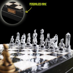 Chinese Metal Chess Set with Marble Pattern Personalized Chessboard- Gift Chess Set| Engraved Name Plate - 14 X 14 Inch Board