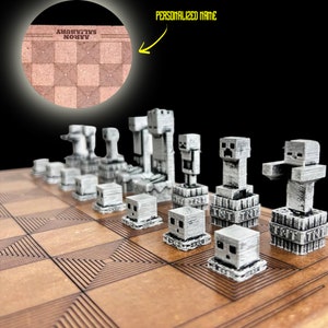 May include: A Minecraft-themed chess set with gray and white 3D printed pieces on a wooden board. The board has a brown and black checkered pattern with a decorative border. The pieces are shaped like Minecraft characters and blocks.