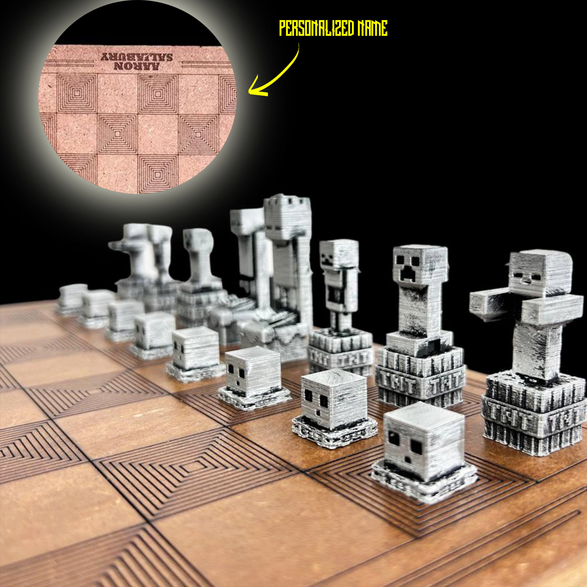 Metal Mine-craft Game Chess Set | Personalized Engraved Wood Board