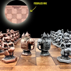 Exquisite Metal Indian Chess Set with Engraved Name Plate | Unique and Timeless Indian Chess Set| BRONZE - SILVER - 14 X 14 Inch Board