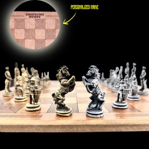 Metal British Imperial Themed Chess Set With Personalized Chessboard| Laser Engraving Name Tag - 14 X 14 Inch Board