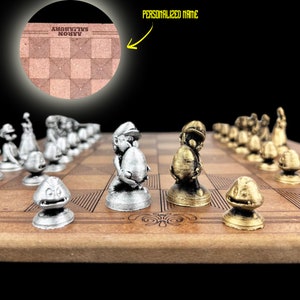 Metal Super Mari Chess Set with Personalized Super Chessboard | Laser Engraving Name Tag - 14 X 14 Inch Board