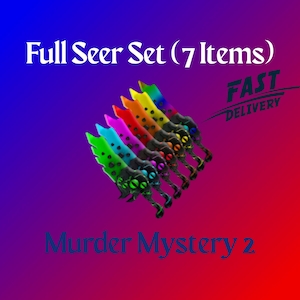 May include: A set of seven colourful, stylised swords against a gradient background of blue, purple, and red. The swords are in shades of green, blue, pink, orange, yellow, and black. Text reads "Full Seer Set (7 Items)" and "Murder Mystery 2".