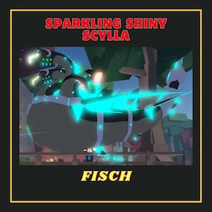 May include: A digital illustration of a large, black, and blue creature with glowing blue spikes. The creature is labeled "Sparkling Shiny Scylla" and "Fisch".