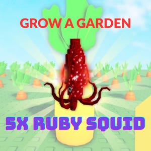 May include: A digital illustration with the text "GROW A GARDEN" and "5X RUBY SQUID". The image features a red pixelated squid with tentacles, set against a backdrop of carrots and a green field.