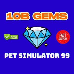 May include: A blue diamond graphic with a yellow star on each side. The text "10B GEMS" is in orange above the diamond. The text "PET SIMULATOR 99" is in rainbow colors below the diamond. A green checkmark with the text "TRUSTED SELLER" is in the top left corner. A red circle with the text "FAST DELIVERY" is in the top right corner.