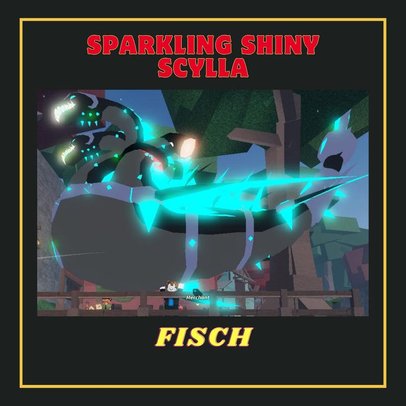 May include: A digital illustration of a large, black, and blue creature with glowing blue spikes. The creature is labeled "Sparkling Shiny Scylla" and "Fisch".