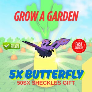 Puede incluir: Ilustración digital con el texto "GROW A GARDEN" en rojo. Una mariposa pixelada morada y negra está centrada sobre una forma amarilla. El texto "5X BUTTERFLY" y "50SX SHECKLES GIFT" está en azul y verde.